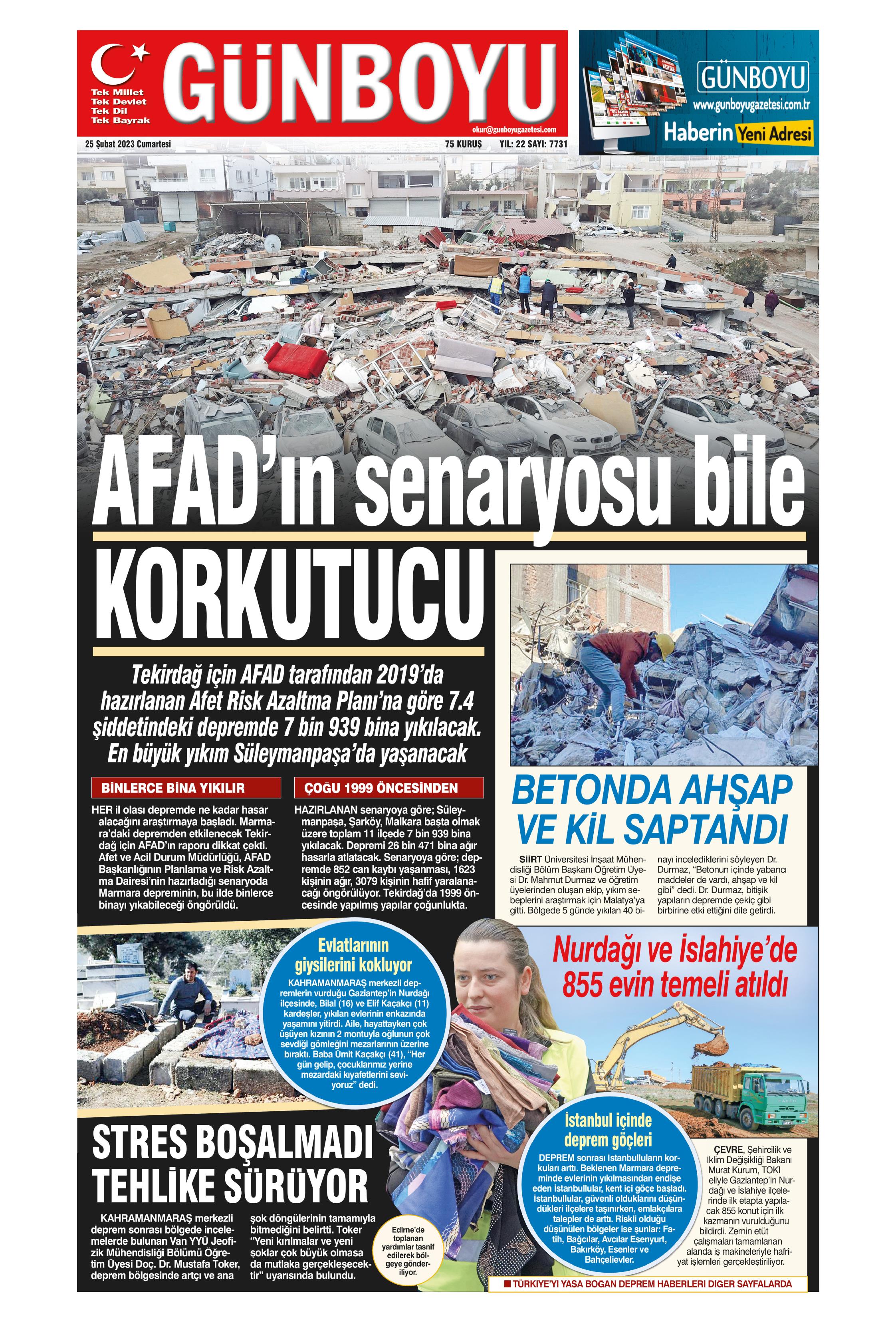 Günboyu Gazetesi 25 Şubat 2023, Cumartesi Günü Manşeti