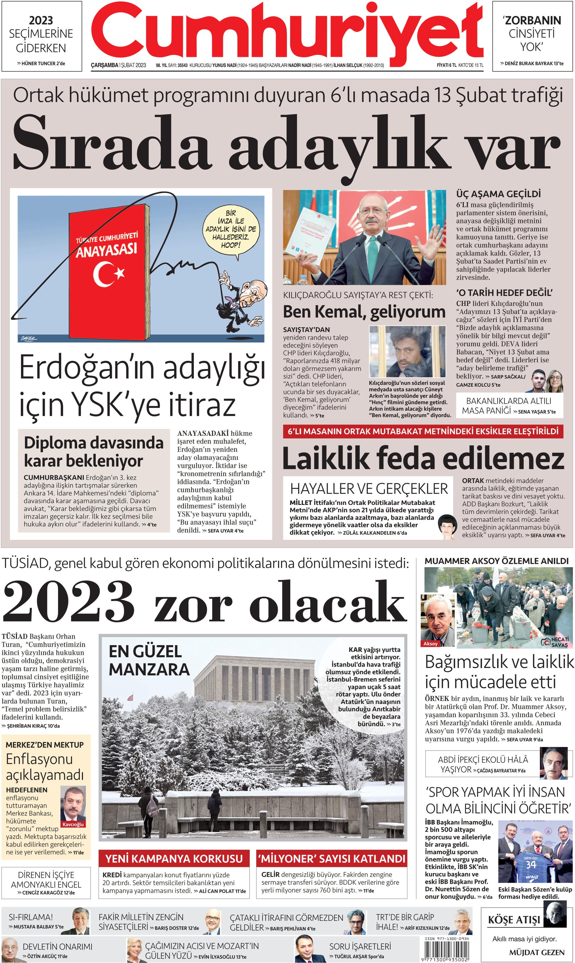 Cumhuriyet Gazetesi 1 Şubat 2023, Çarşamba Günü Manşeti