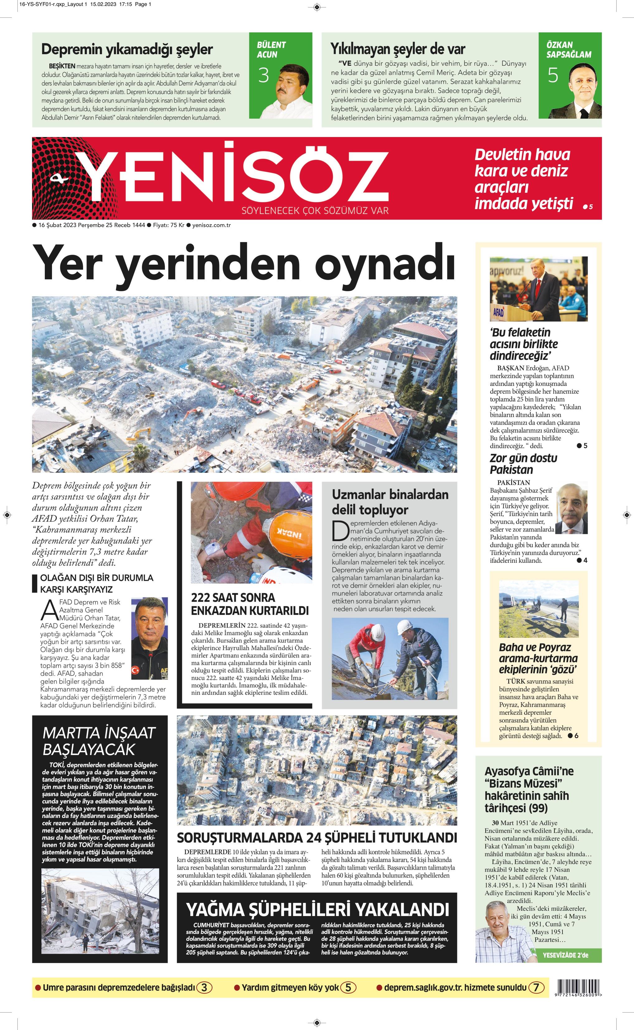 YeniSöz Gazetesi 16 Şubat 2023, Perşembe Günü Manşeti