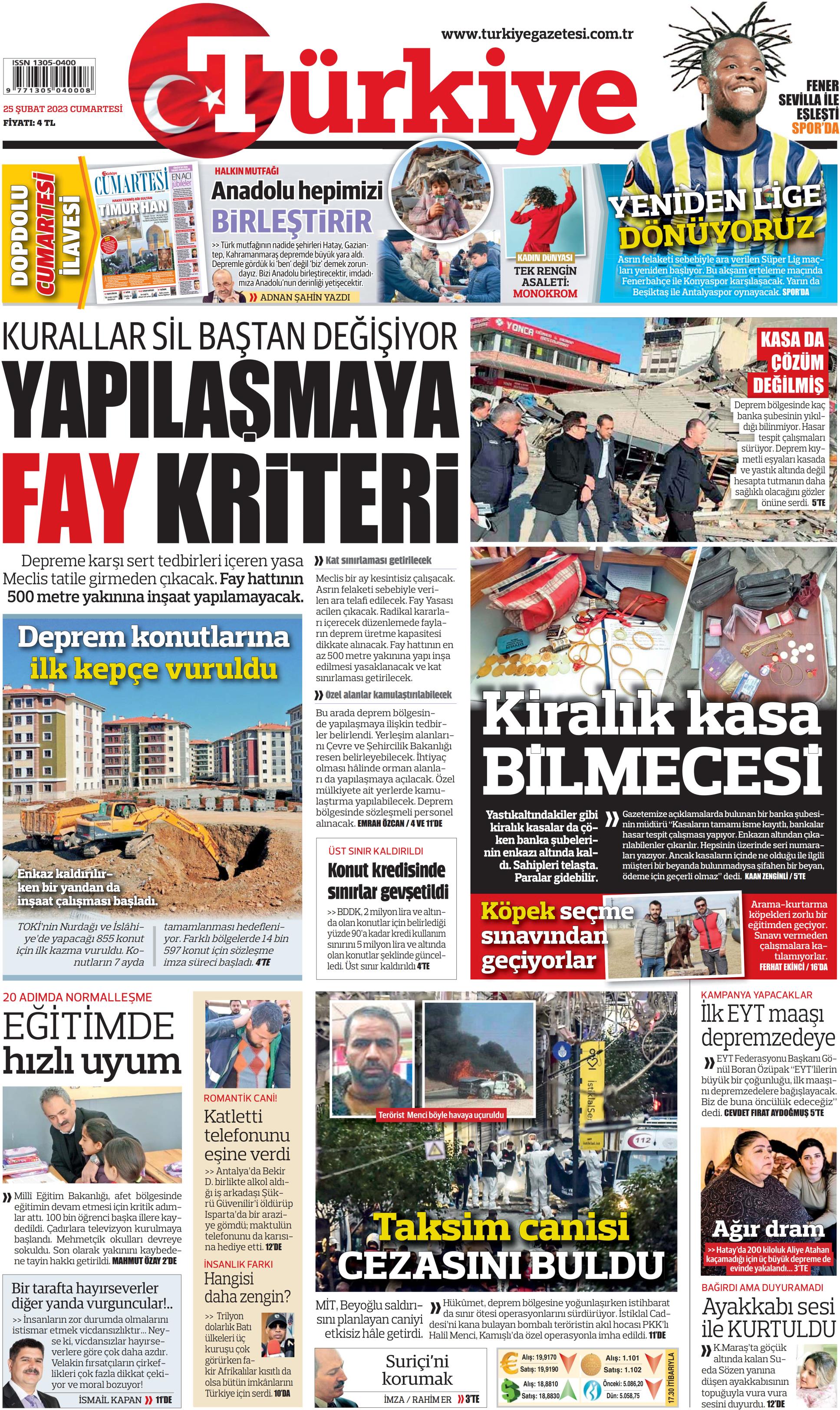 Türkiye Gazetesi 25 Şubat 2023, Cumartesi Günü Manşeti