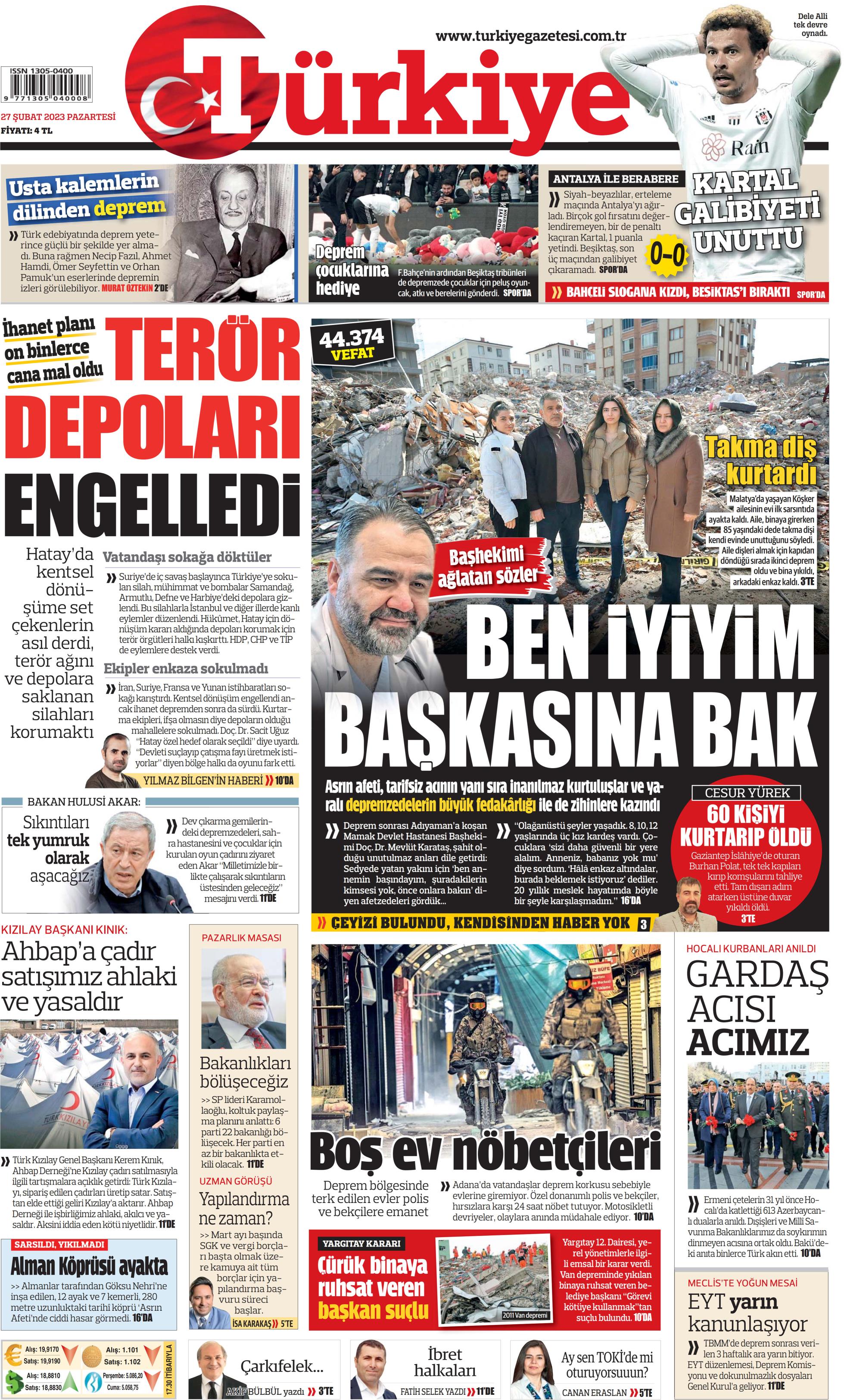 Türkiye Gazetesi 27 Şubat 2023, Pazartesi Günü Manşeti