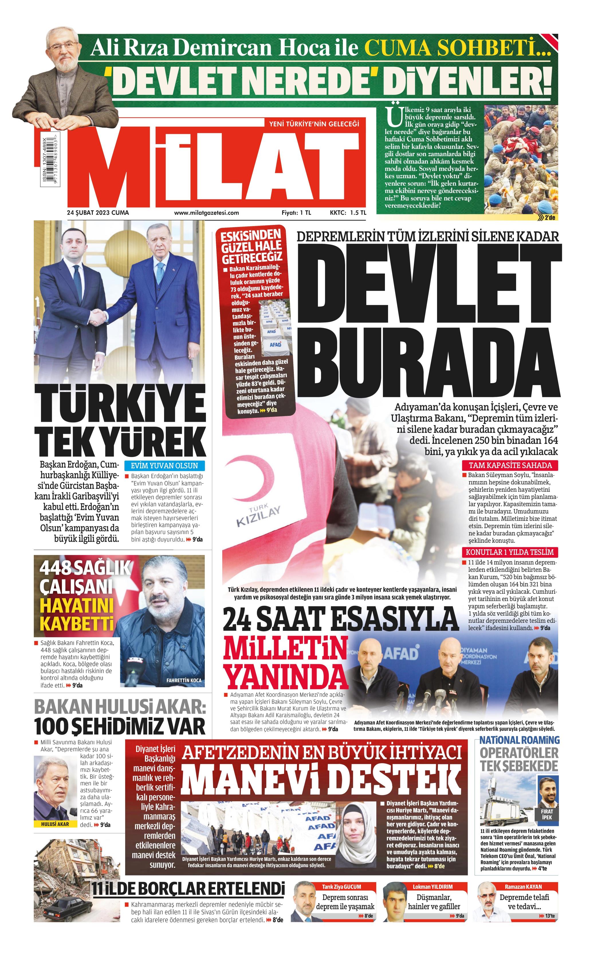 Milat Gazetesi 24 Şubat 2023, Cuma Günü Manşeti