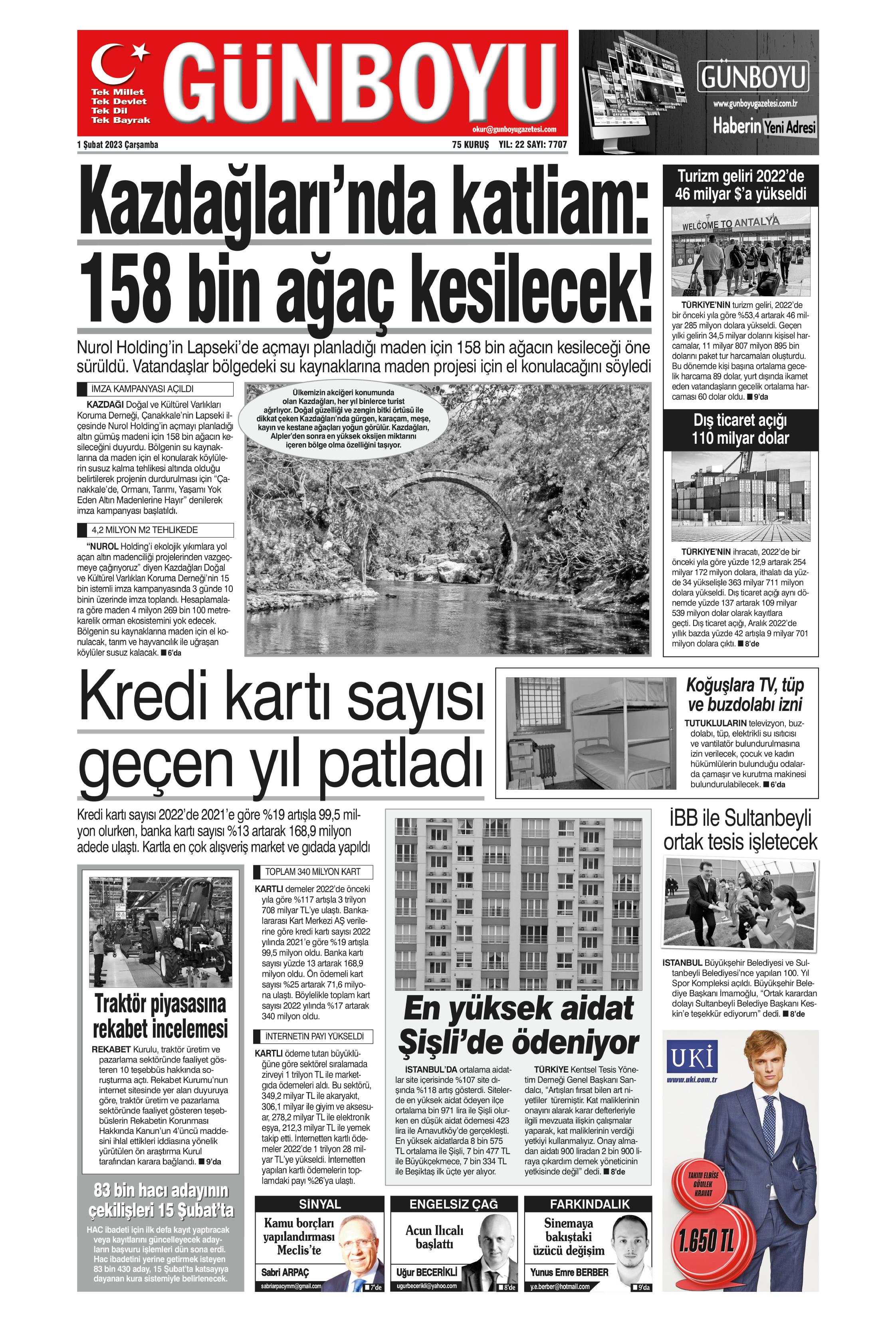 Günboyu Gazetesi 1 Şubat 2023, Çarşamba Günü Manşeti