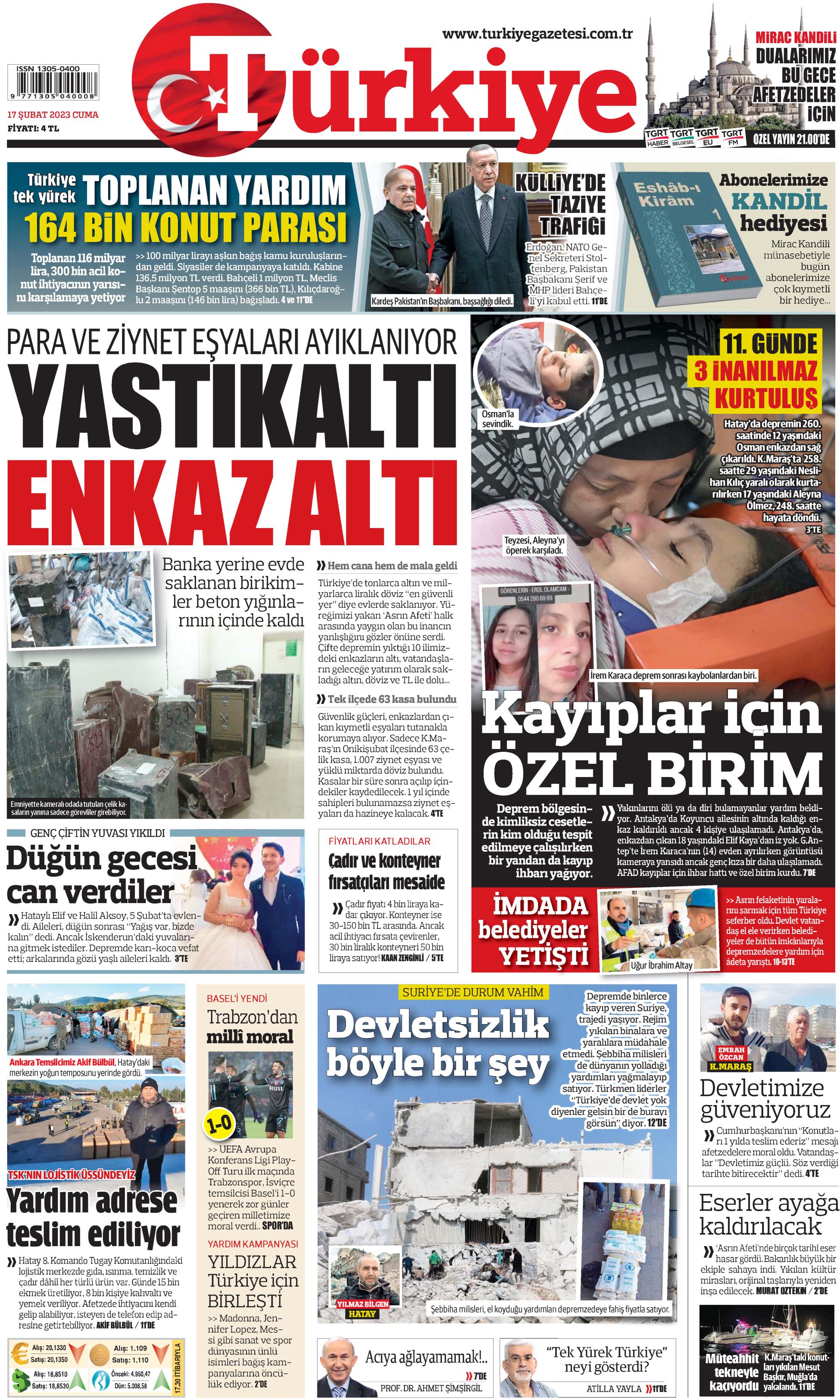 Türkiye Gazetesi 17 Şubat 2023, Cuma Günü Manşeti