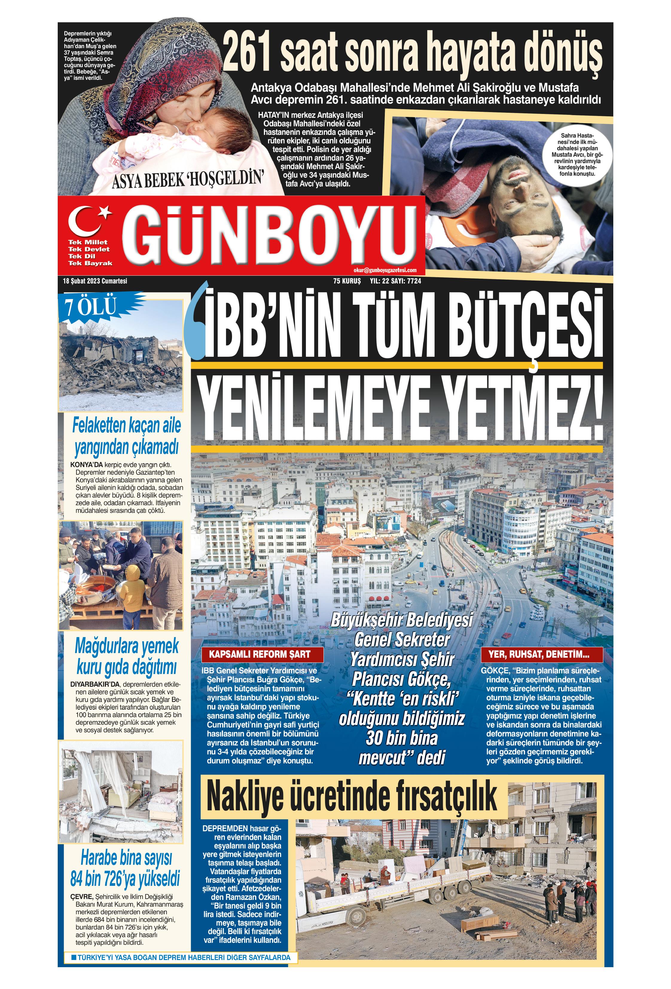 Günboyu Gazetesi 18 Şubat 2023, Cumartesi Günü Manşeti