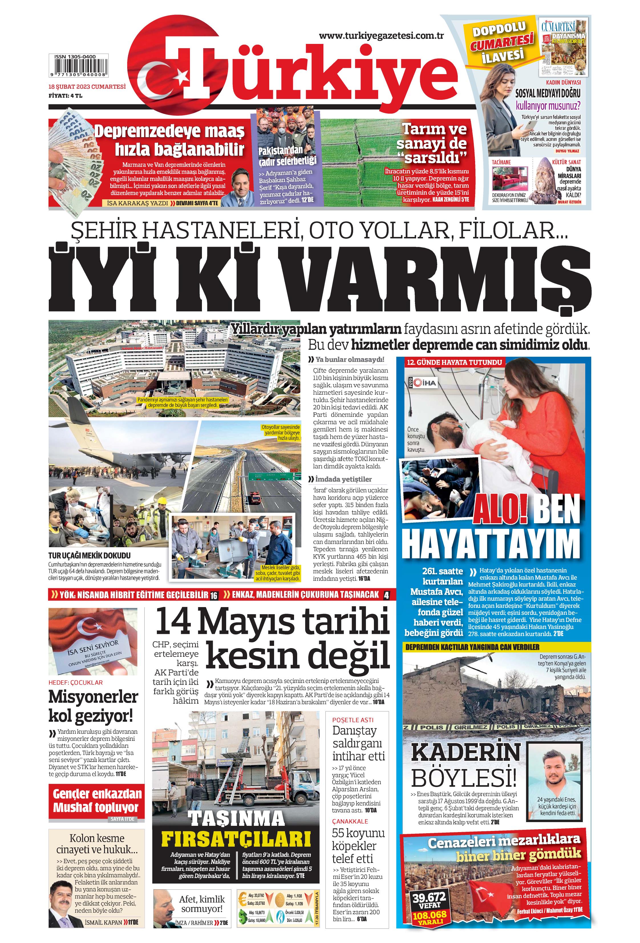 Türkiye Gazetesi 18 Şubat 2023, Cumartesi Günü Manşeti