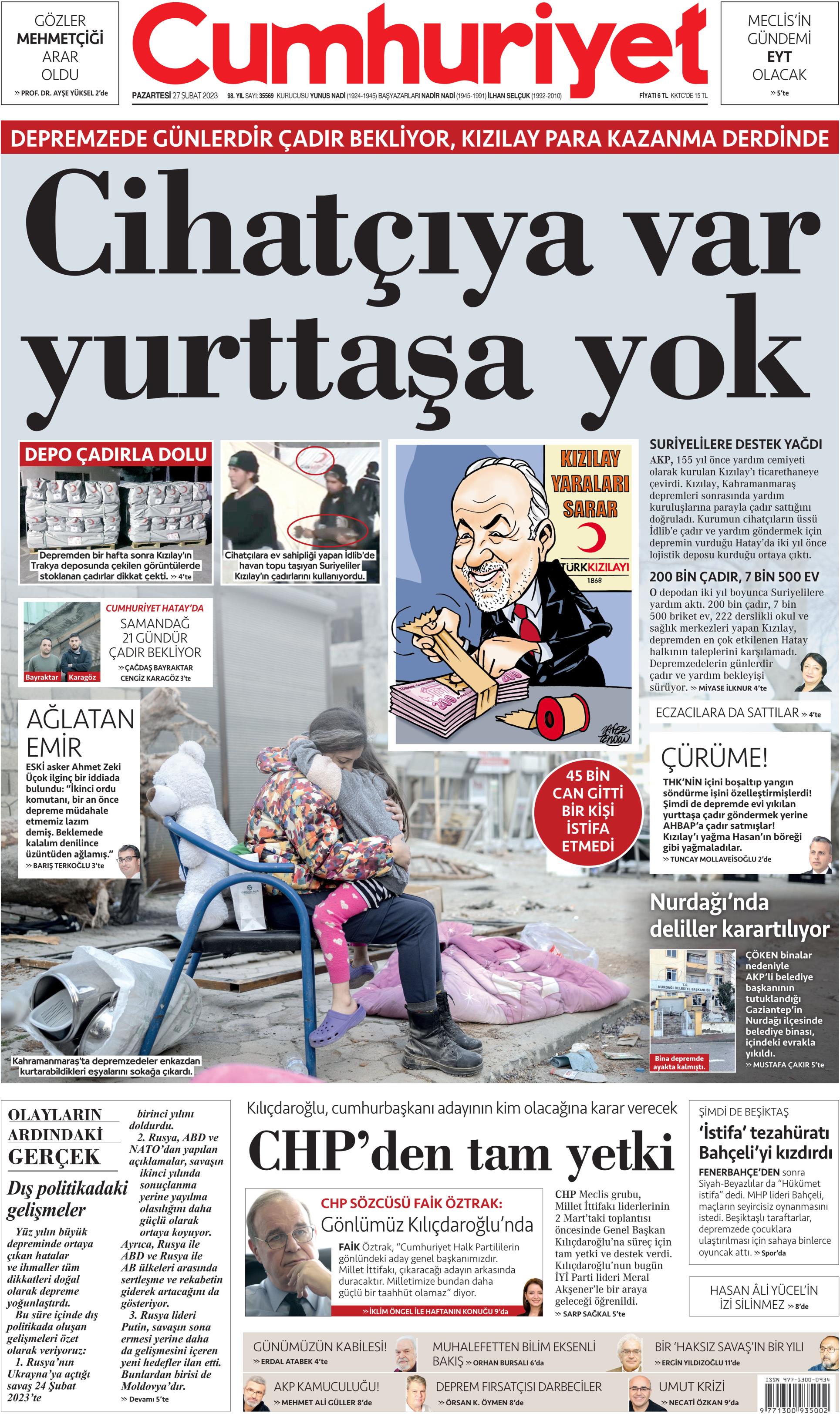 Cumhuriyet Gazetesi 27 Şubat 2023, Pazartesi Günü Manşeti