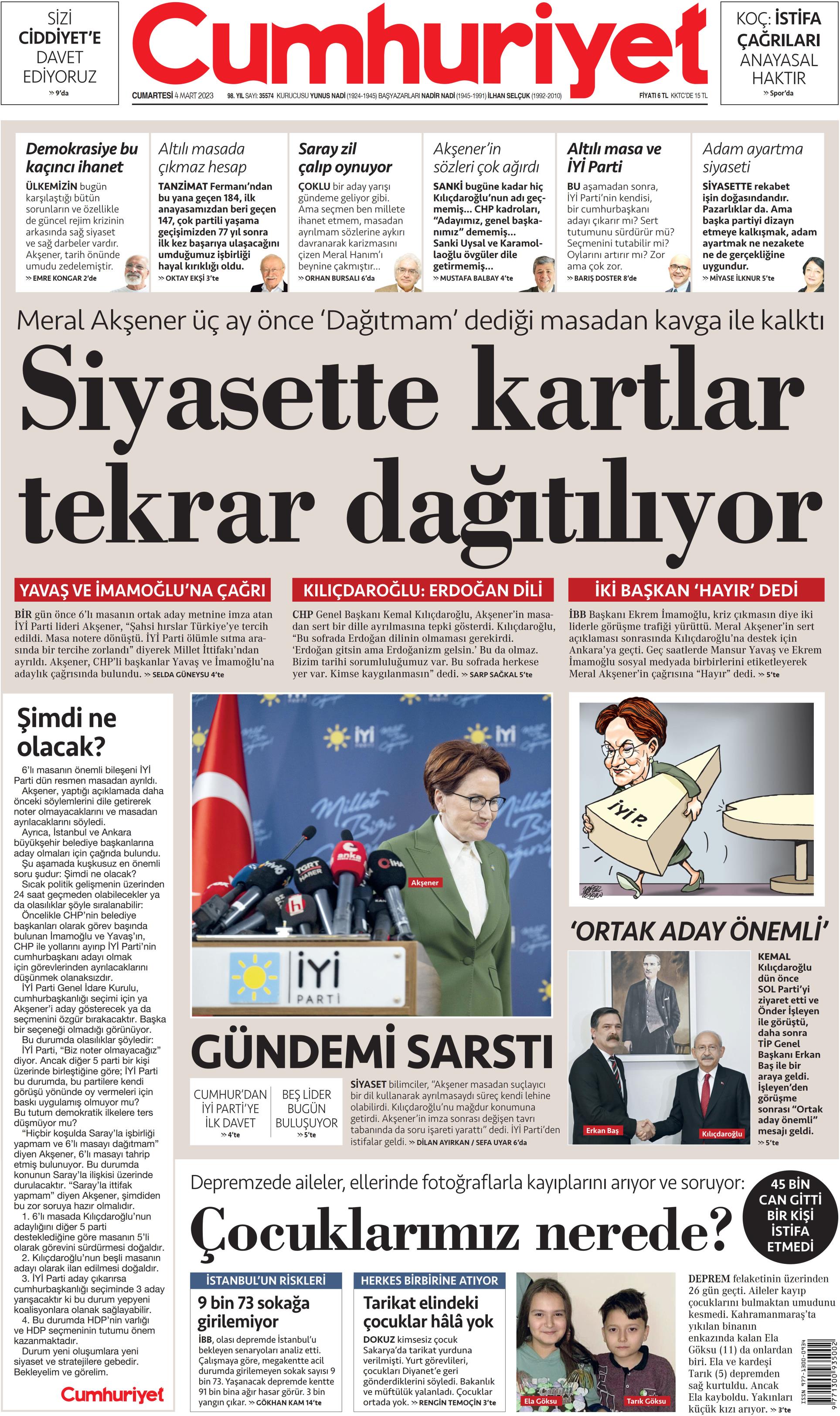 Cumhuriyet Gazetesi 4 Mart 2023, Cumartesi Günü Manşeti