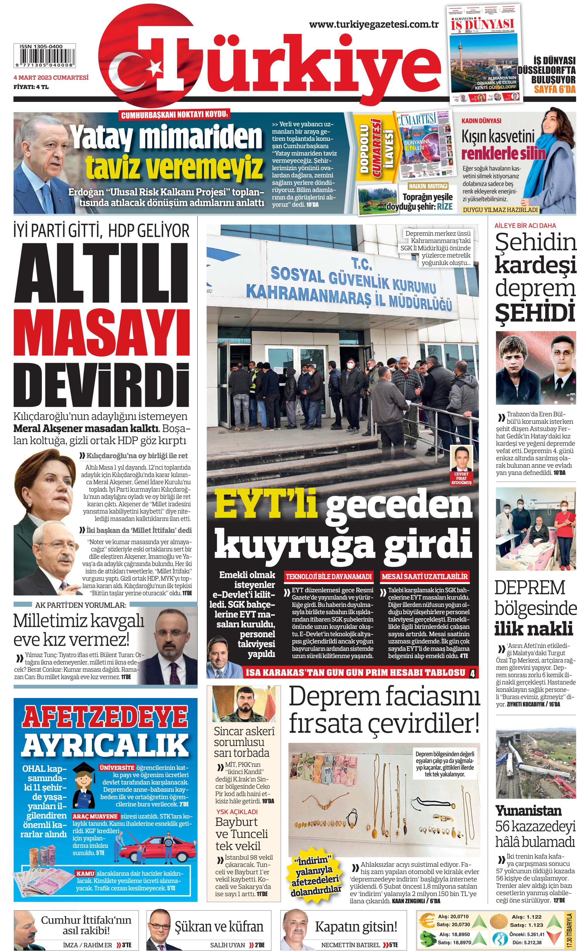 Türkiye Gazetesi 4 Mart 2023, Cumartesi Günü Manşeti